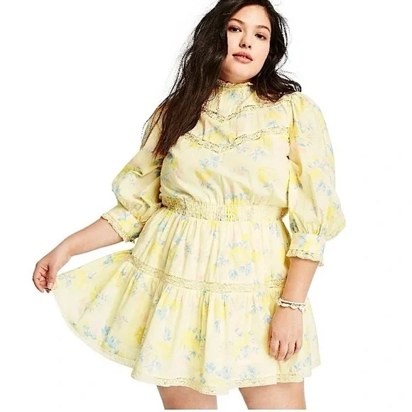 NWT LOVESHACKFANCY TARGET Floral Puff Sleeve Lace Trim Tier Ruffle Mini Dress 1X - Picture 6 of 16